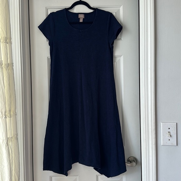 Chicos navy cotton blend seamed t-shirt dress shark bite hem small - Picture 1 of 4
